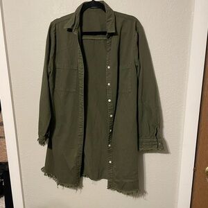 Olive Utility Button Down Shirt Jacket Frayed Hem Lightweight Shacket